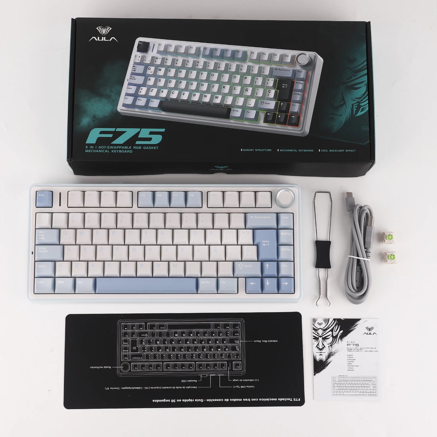 EPOMAKER AULA F75 ISO-ES 75% spagnola QWERTY Hot-Swap, tastiera meccanica da gaming cablata/Bluetooth/wireless 2.4GHz con montaggio gasket e retroilluminazione RGB