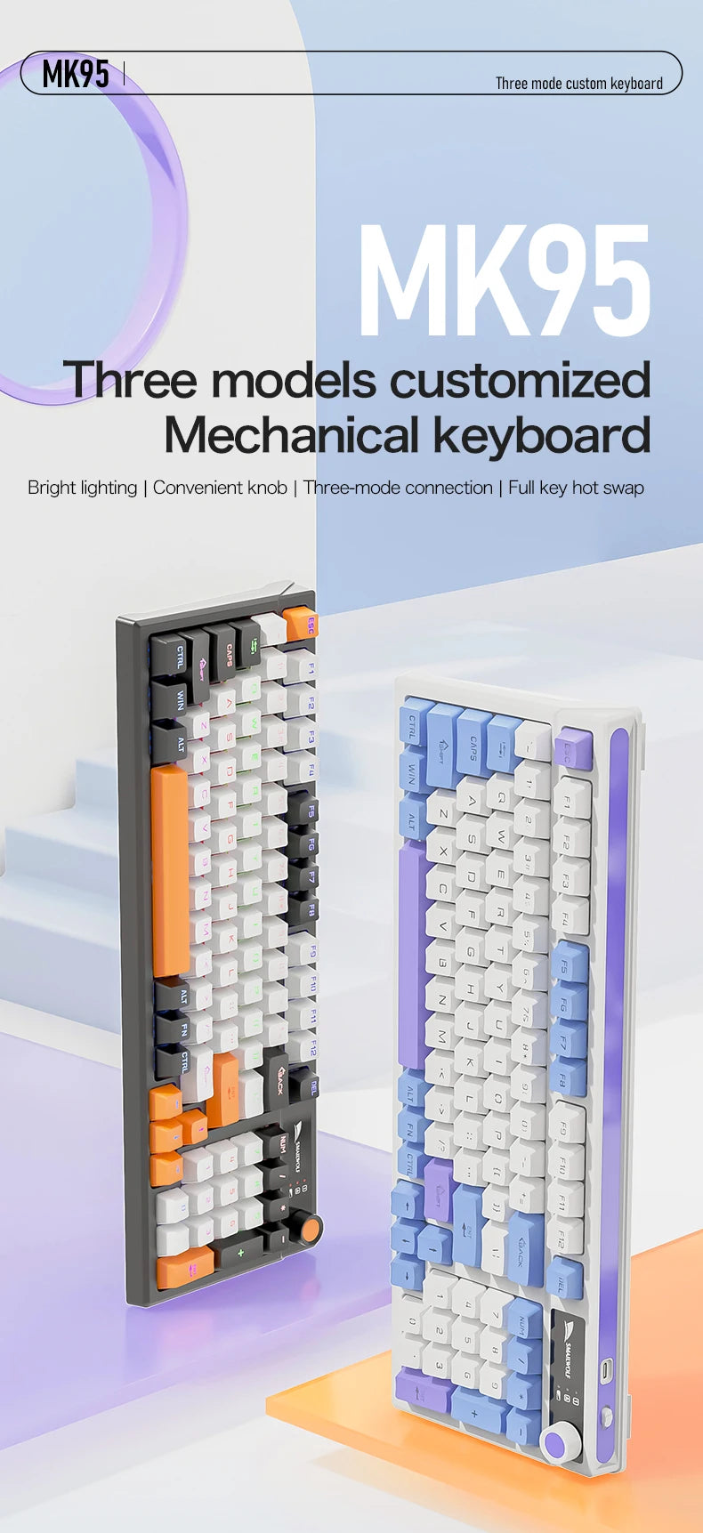 SMAILWOLF MK95 Bluetooth 무선 한국어 맞춤형 기계식 키보드 e-스포츠 3 모드 노트북 오피스 게임 풀 키 핫 스왑 가능 RGB 조명 효과
