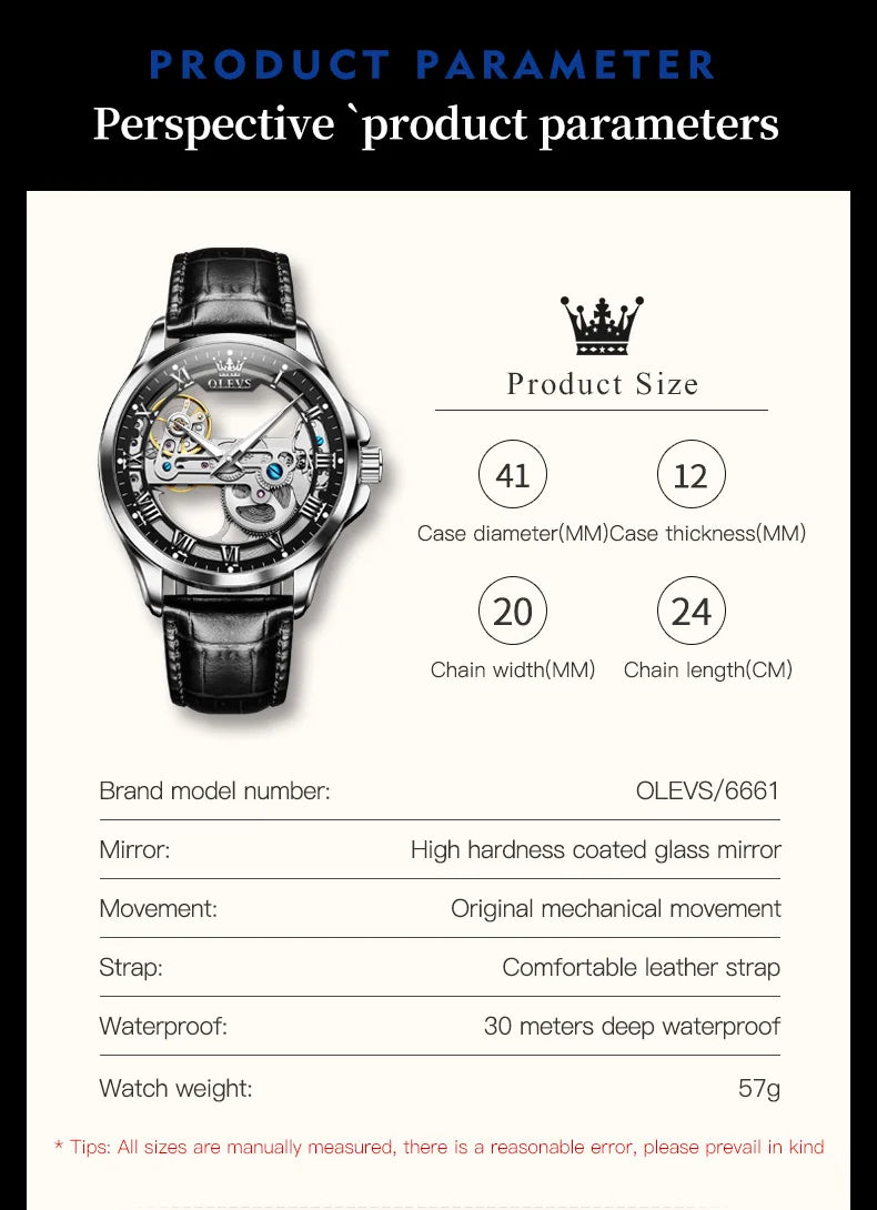 OLEVS 6661 Men's Top Brand Luxury All-Transparent Hollow Mechanical Watch, Original Fashion, Waterproof Classic Design