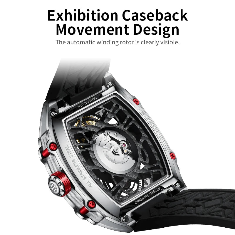 STARKING Luxury Men’s Automatic Mechanical Watch Skeleton Dial Silicone Band Tonneau Design Waterproof Luminous Sport Wristwatch