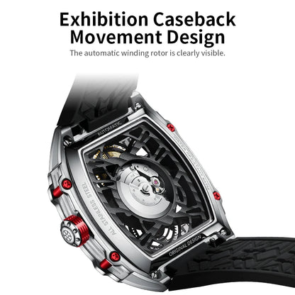 STARKING Luxury Men’s Automatic Mechanical Watch Skeleton Dial Silicone Band Tonneau Design Waterproof Luminous Sport Wristwatch