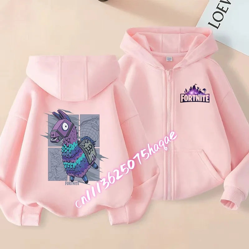 Nuova felpa con cappuccio autunnale per bambini Fortnite, giacca con zip e stampa personaggio cartoon del gioco, cappotto invernale per ragazzi