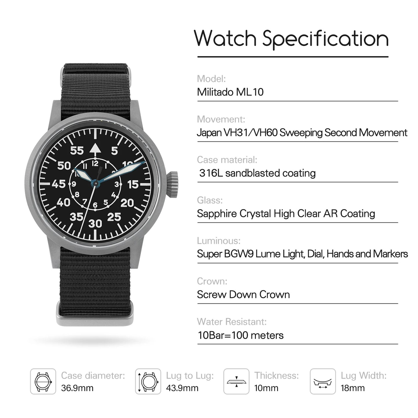 Militado ML10 Quartz Watch VH31 Sweeping Second Movement Sapphire Crystal BGW9 Luminous 10Bar Waterproof 36.9mm Vintage Watches