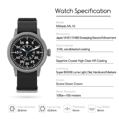 Militado ML10 Quartz Watch VH31 Sweeping Second Movement Sapphire Crystal BGW9 Luminous 10Bar Waterproof 36.9mm Vintage Watches