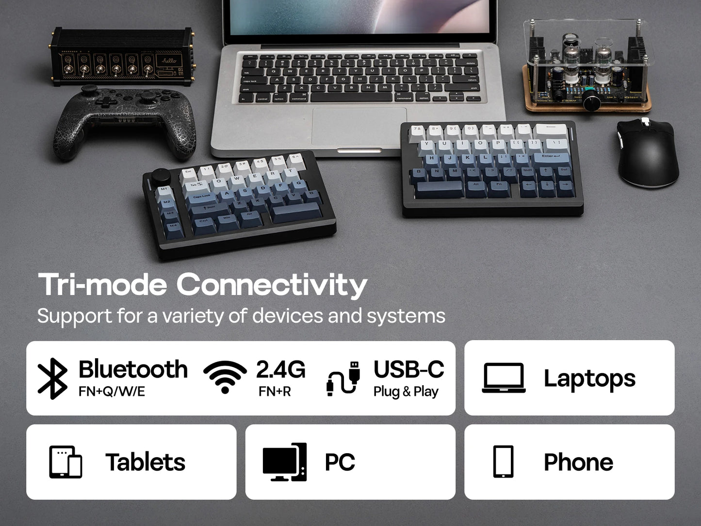 Teclado mecánico inalámbrico EPOMAKER Split70 QMK/VIA 70% con diseño dividido, conexión cableada/BT/2.4Ghz y perilla programable, modificador Mac