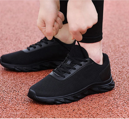 Men's Casual Sports Shoes, Black Mesh Breathable Running Shoes, Soft Sole Lightweight Flat Work Shoes