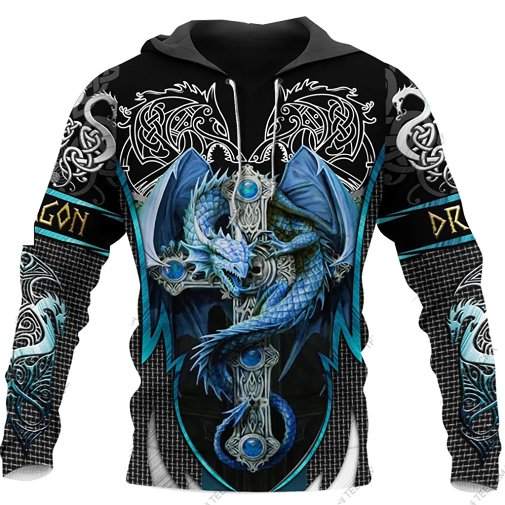 Sudadera con capucha unisex para hombre, manga larga otoño-invierno, estampado 3D de dragón estilo tatuaje, streetwear casual tipo pulóver en conjunto deportivo