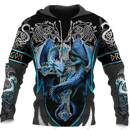 Sudadera con capucha unisex para hombre, manga larga otoño-invierno, estampado 3D de dragón estilo tatuaje, streetwear casual tipo pulóver en conjunto deportivo