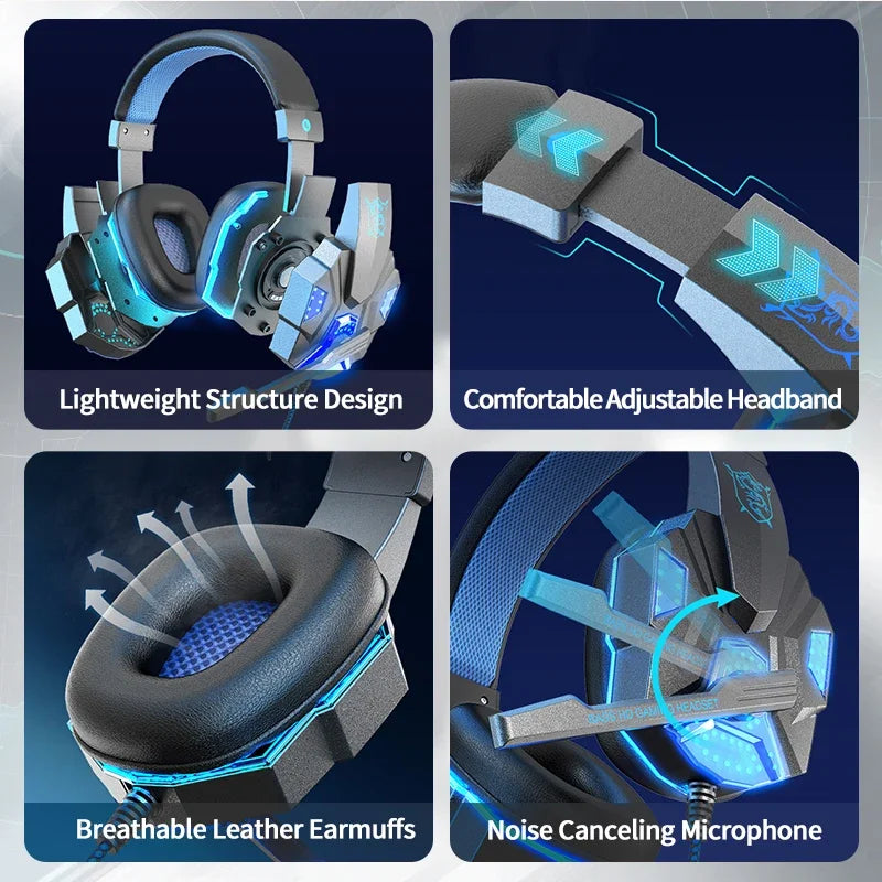 Auscultadores Gaming HOMEFISH SY830MV RGB com Microfone – Auscultadores Gaming Over-Ear com Fio para PC, PS5, Xbox e Nintendo Switch, Headset Esports Leve com Som Surround 3D