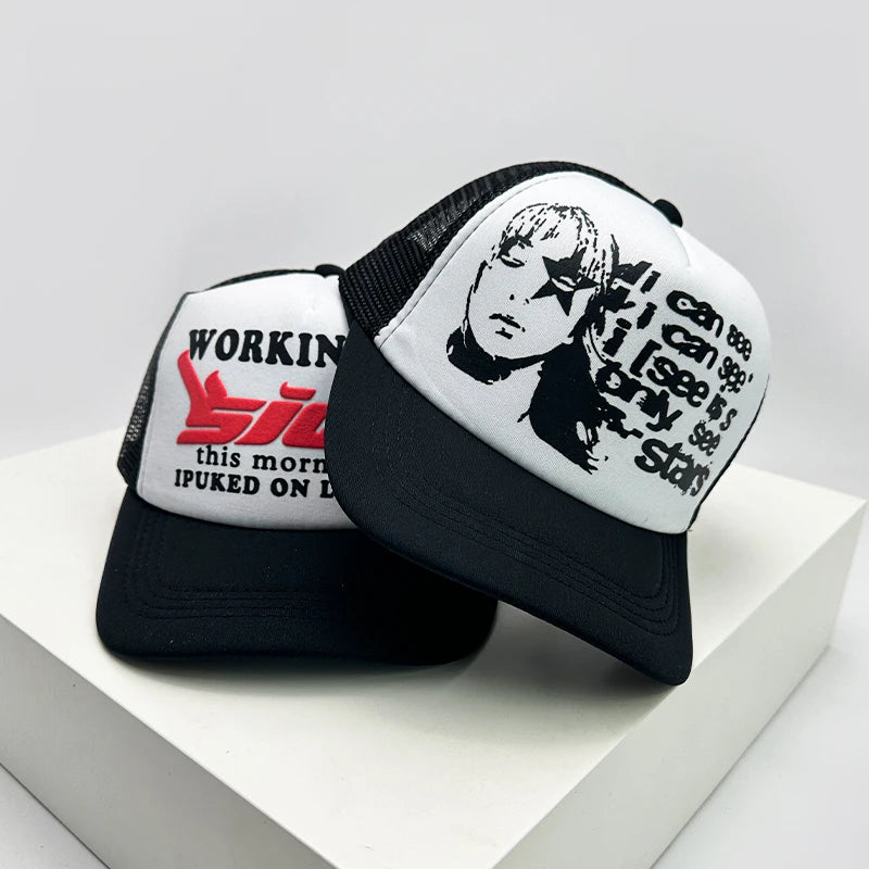 Trucker-Caps im amerikanischen Stil mit Cruise-Print, Anime-Motiven und neuem Schriftzug – atmungsaktive Baseballmützen mit Netzfutter für Herren und Damen, vielseitig kombinierbar