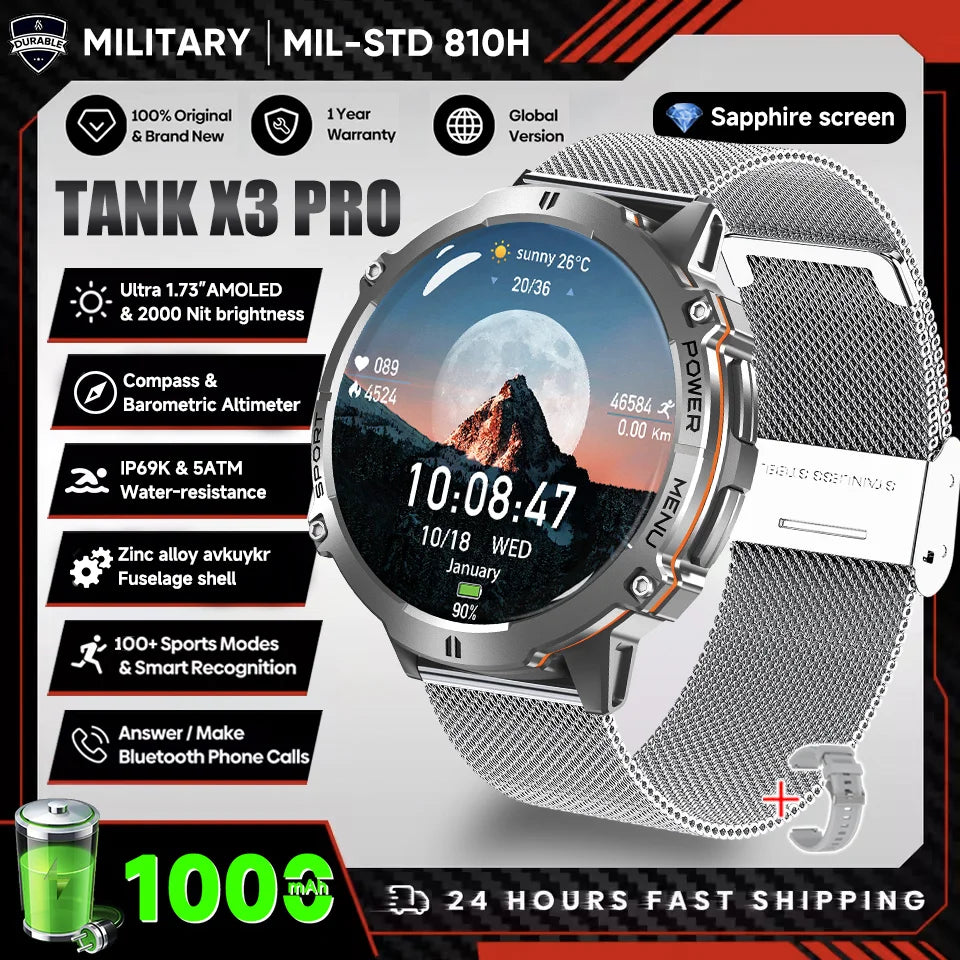 2026 Novo Smartwatch Militar TANK X3 para Homem, Bateria 1000mAh, 10ATM À Prova de Água para Natação, Percurso GPS, Ecrã AMOLED HD de 1.75", Chamadas e Desporto