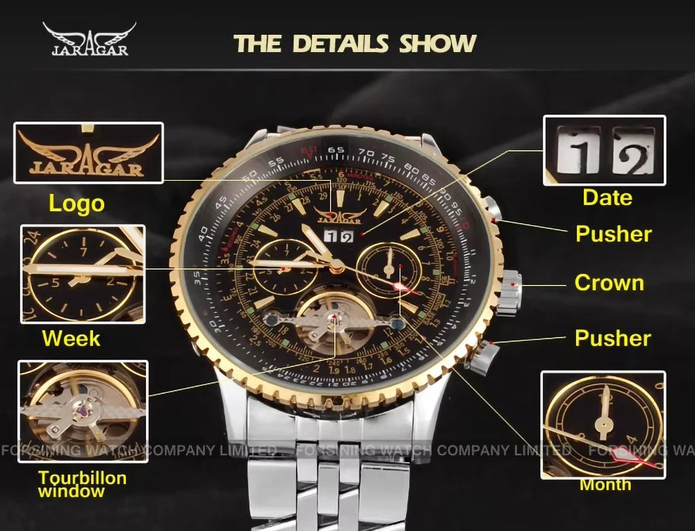 Jaragar 50MM Automatic Mechanical Watch for Men,Multifunctional,Date Month Week Display,3ATM Waterproof,Business Casual Style
