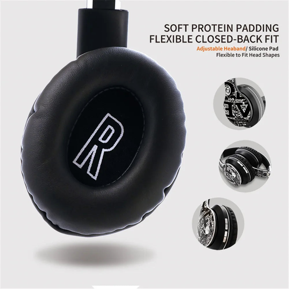 Wireless Bluetooth 5.0 Headphones Over Ear Headset Graffiti Design Foldable Headphone with Mic Hi-Fi Stereo For phone pc laptop