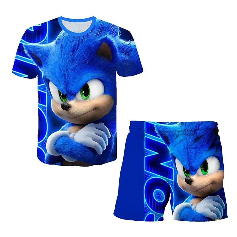 Fashion 3D Anime Children's T-shirt Set Sonic The Hedgehog Top Short Sleeve + Shorts Two-piece Set Girls Boys Cosplay Costume