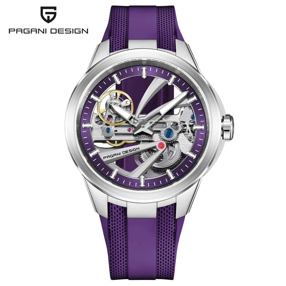 Ceas pentru bărbați PAGANI DESIGN – Model mecanic automat de lux, de tip „schelet” (cu mecanism expus), dotat cu un tourbillon, sticlă de safir cu tratament antireflex, rezistent la apă și luminescent.