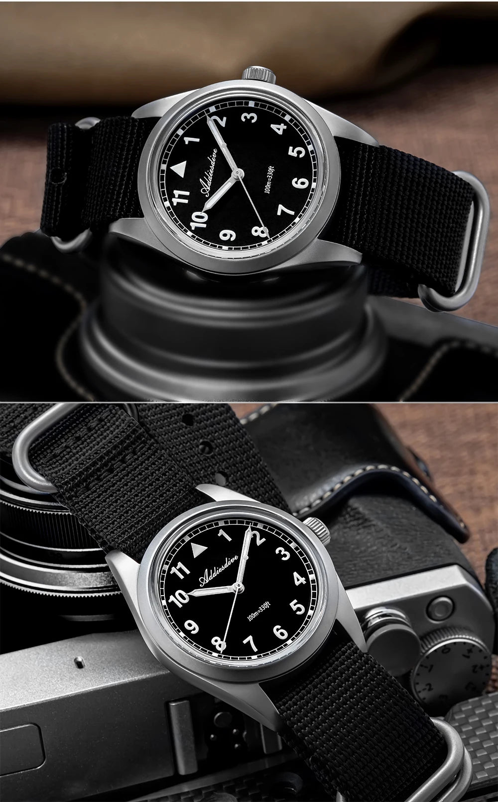 ADDIESDIVE 36mm Men's Analog Watch Bubble Mirror Glass 100m Waterproof Luminous Watch Simple men Quartz Watches with Nylon Strap