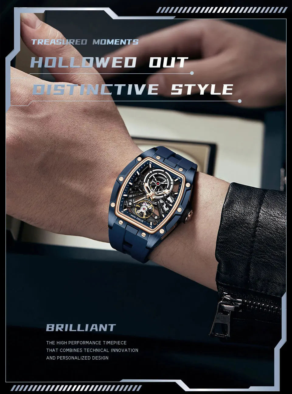 MINI FOCUS Men's Wristwatch Fashion Black Waterproof Automatic Mechanical Watch with Luminous Hands Silicone Strap Tonneau Dial