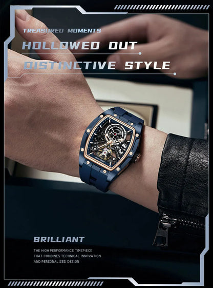 MINI FOCUS Men's Wristwatch Fashion Black Waterproof Automatic Mechanical Watch with Luminous Hands Silicone Strap Tonneau Dial