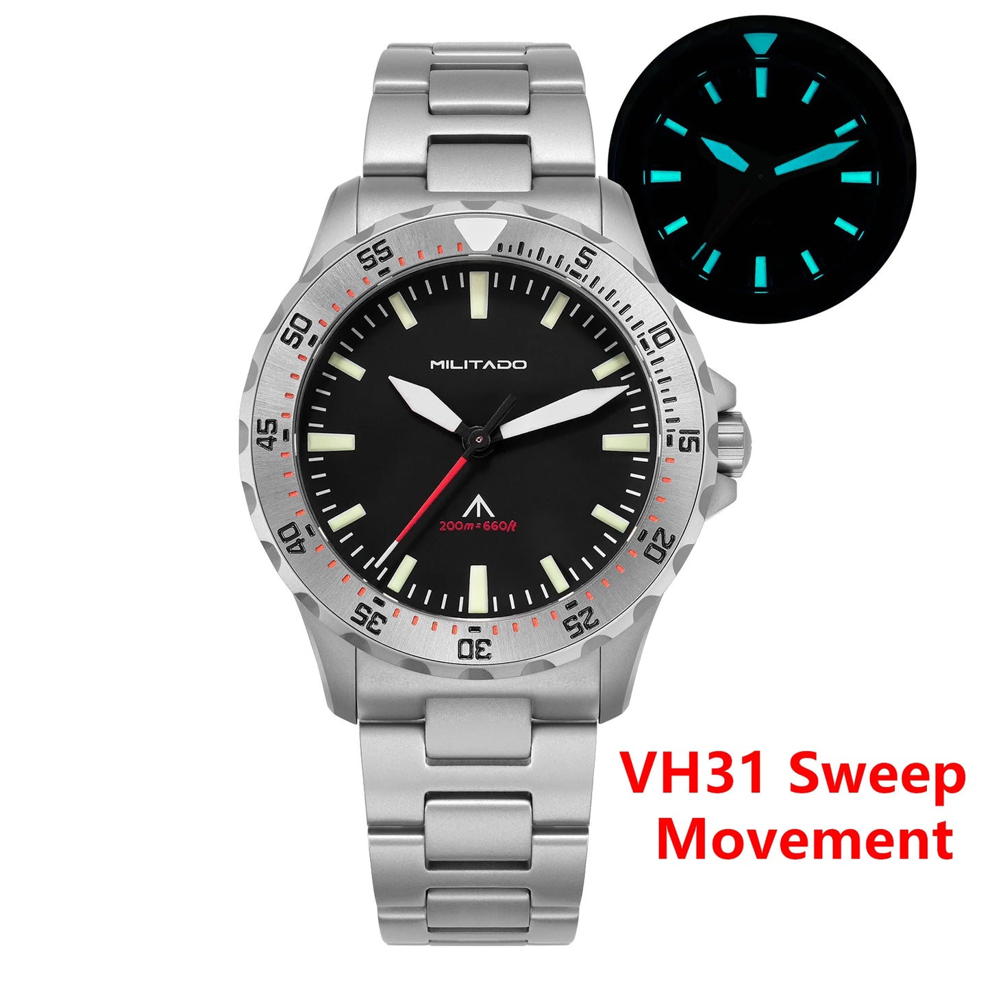 Militado ML16 Watch VH31 Sweep /515 Quartz Movement Sapphire Crystal BGW9 Luminous 200m Water Resistance 38mm Men's Vintage Watch