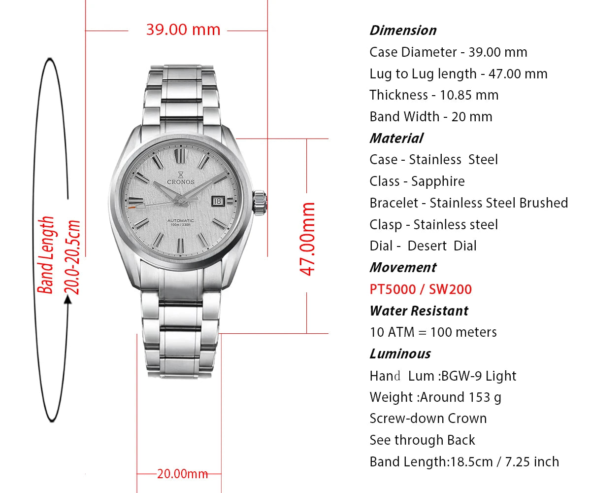 Cronos Men's Watch 39mm Automatic Wristwatch White Dial Solid Links Sapphire 10 ATM L6037M