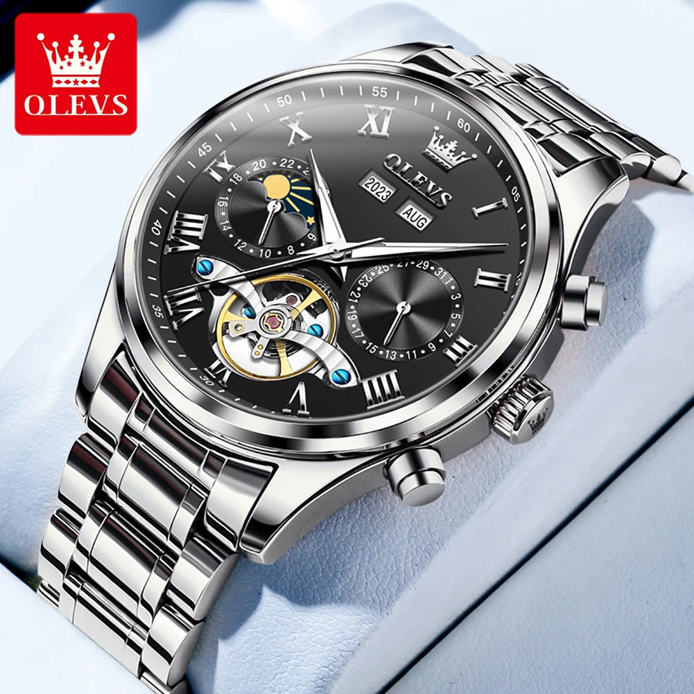 OLEVS 7005 Classic Business Mechanical Wristwatch for Man Skeleton Flywheel 24 Hour Moon Phase  Calendar Luxury Men's Watch