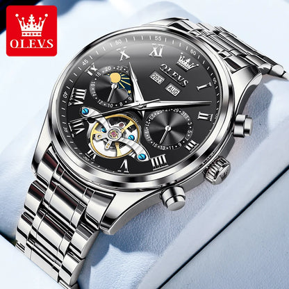 OLEVS 7005 Classic Business Mechanical Wristwatch for Man Skeleton Flywheel 24 Hour Moon Phase  Calendar Luxury Men's Watch