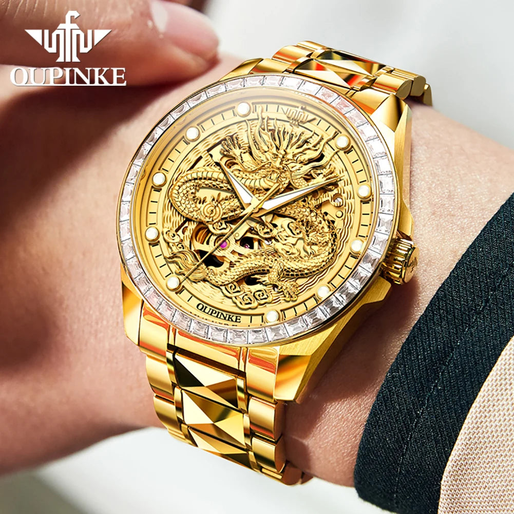 OUPINKE Orologio da uomo Top Brand di lusso in oro e acciaio al tungsteno, orologio da polso meccanico automatico originale con quadrante con motivo drago