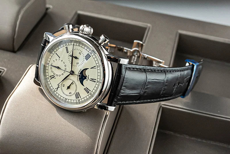Sugess Men Watch ST1908 Swanneck Movement Mechanical Chronograph Wristwatch Genuine Moonphase Calendar Vintage Leather NEW 2023