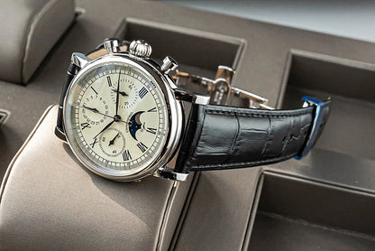 Sugess Men Watch ST1908 Swanneck Movement Mechanical Chronograph Wristwatch Genuine Moonphase Calendar Vintage Leather NEW 2023