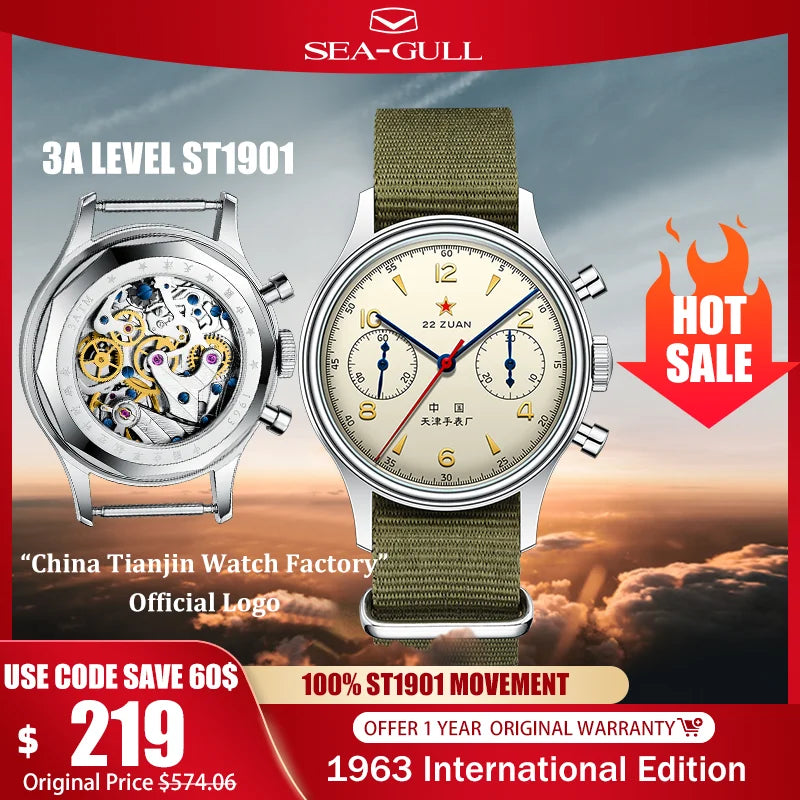 Seagull 1963 International Edition Orologio Meccanico da Uomo da Pilota ST1901 Cronografo Retrò da Polso Aviazione Air Force Nuovo