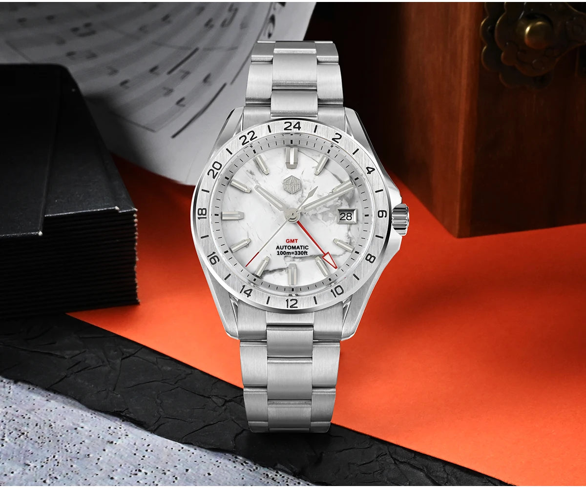 Reloj de lujo para hombre San Martin 39mm con esfera de aventurina, NH34 GMT automático mecánico, zafiro, resistente al agua, luminoso, SN0129