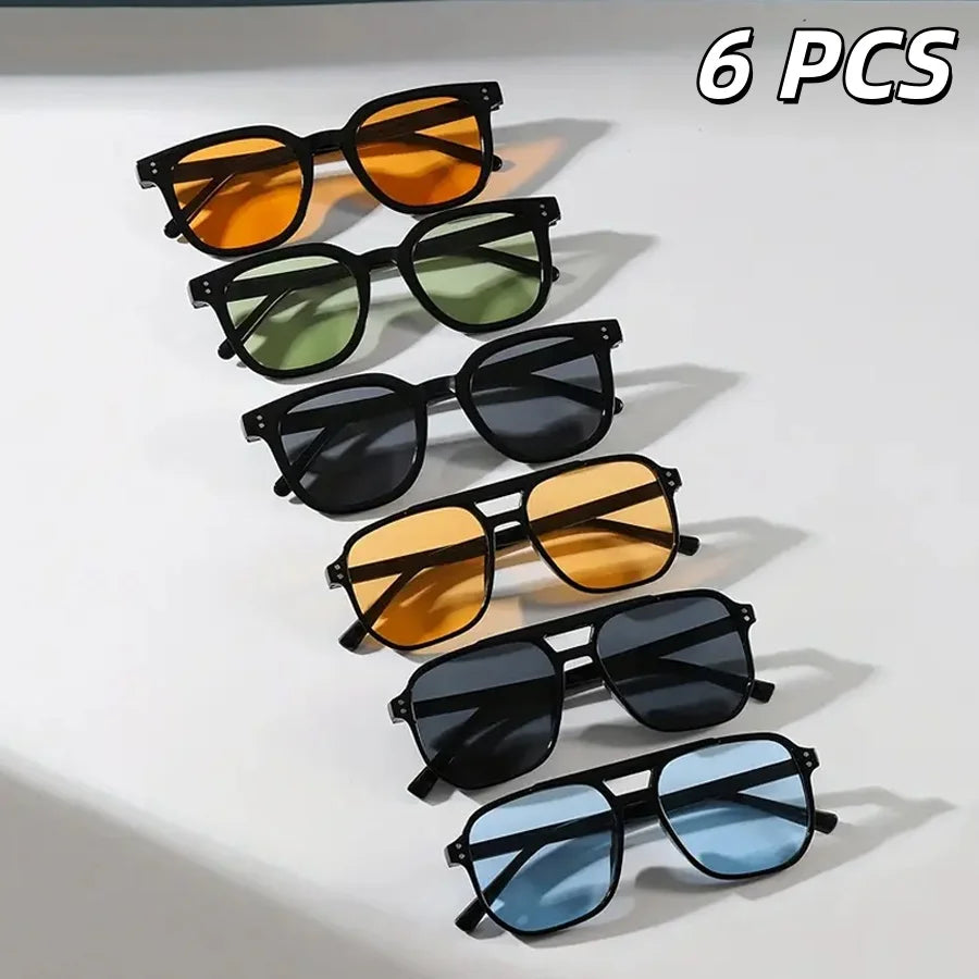 6-Piece Set Fashionable Unisex Sunglasses Square Retro Polygons Women's Black Vintage Stylish Men's And Women's Sunglasses