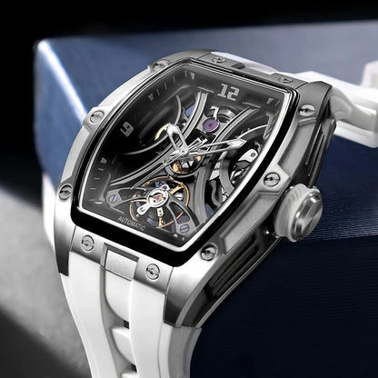 MEGIR Sports Style Automatic Mechanical Watch for Men Full Hollow Transparent Dial Design Stainless Steel Case Silicone Strap