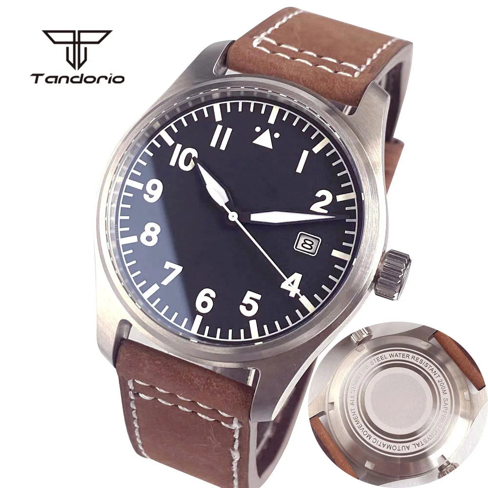 Tandorio 39mm Pilot Men's Diving Automatic Watch AR Sapphire Miyota8215/PT5000 Movt Mechanical Steel Wristwatch 20BAR Green Lume