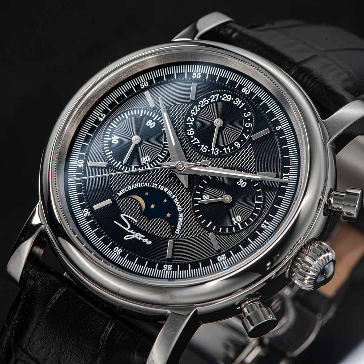 Sugess Men Watch ST1908 Swanneck Movement Mechanical Chronograph Wristwatch Genuine Moonphase Calendar Vintage Leather NEW 2023