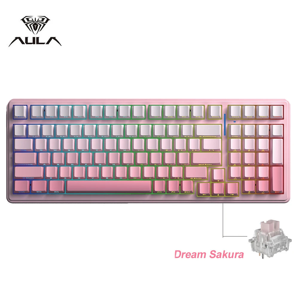 Teclado mecánico gaming Aula F99 de 99 teclas, tres modos: 2.4g inalámbrico, Bluetooth y cableado, hot swap, PBT, gasket y RGB para juegos y escritura