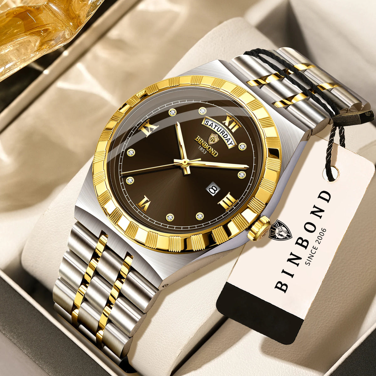 Montre pour homme de la marque originale BINBOND – Montre-bracelet à quartz, modèle de luxe, étanche et luminescent.