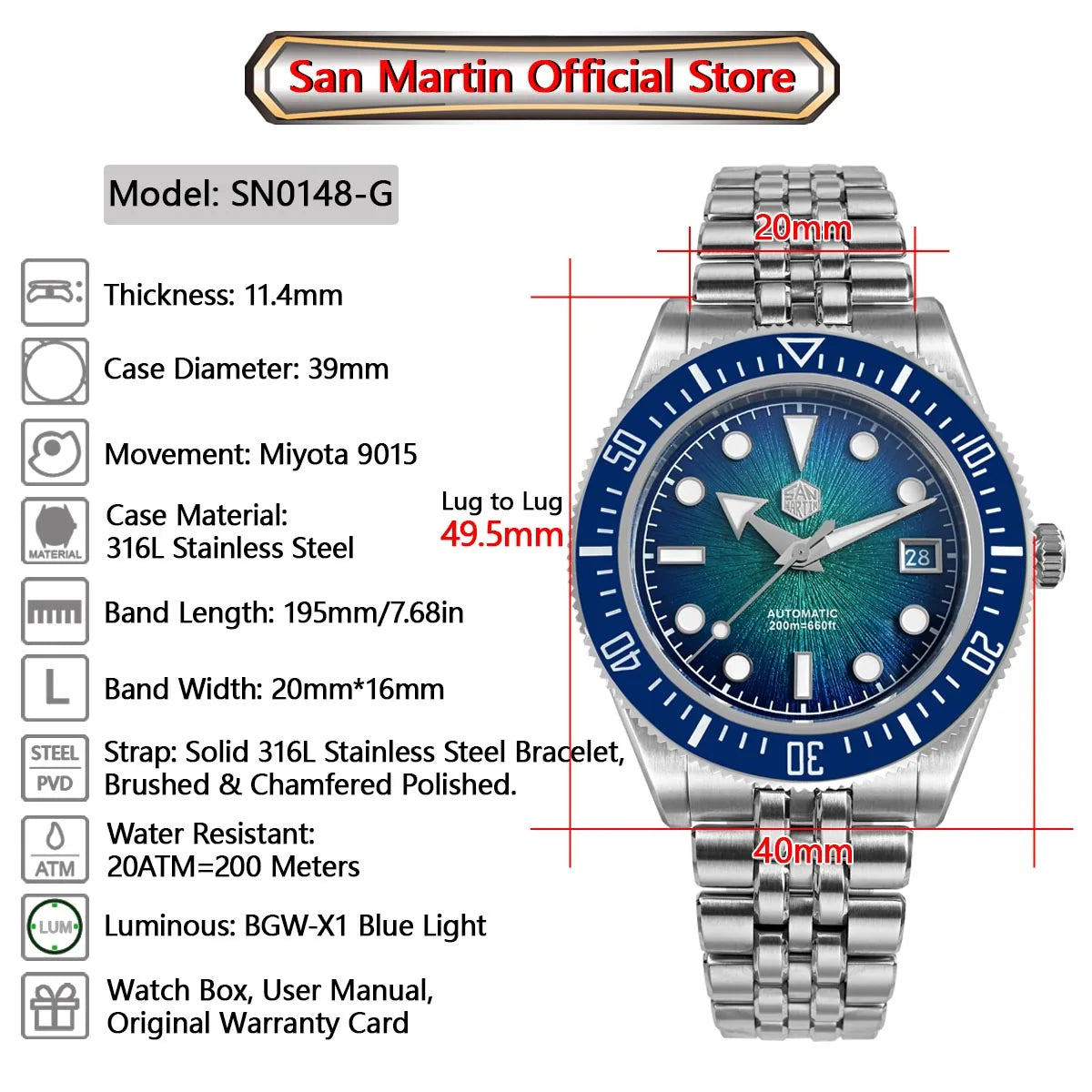Orologio subacqueo di lusso da uomo San Martin 40mm, Miyota 9015, quadrante smaltato sunburst, automatico meccanico, impermeabile 200m, SN0148