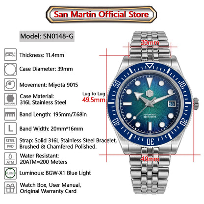 Orologio subacqueo di lusso da uomo San Martin 40mm, Miyota 9015, quadrante smaltato sunburst, automatico meccanico, impermeabile 200m, SN0148