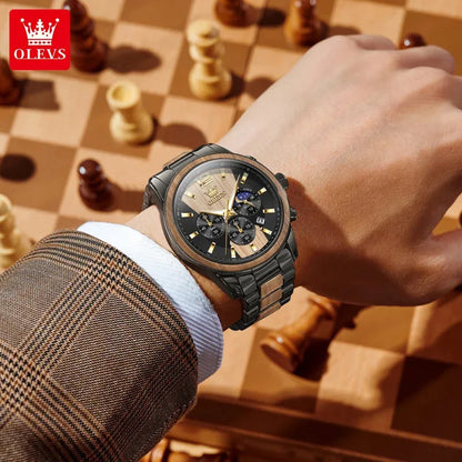 Reloj de hombre OLEVS 3645 de madera, de lujo, con iluminación nocturna, cronógrafo multifuncional, de cuarzo, estilo retro, reloj deportivo de moda.
