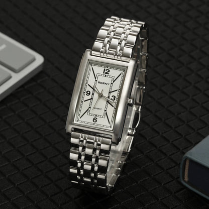 BERNY square men’s watch – Quartz movement, Roman numeral dial, luminescent display, 316L stainless steel case – An elegant and casual rectangular watch
