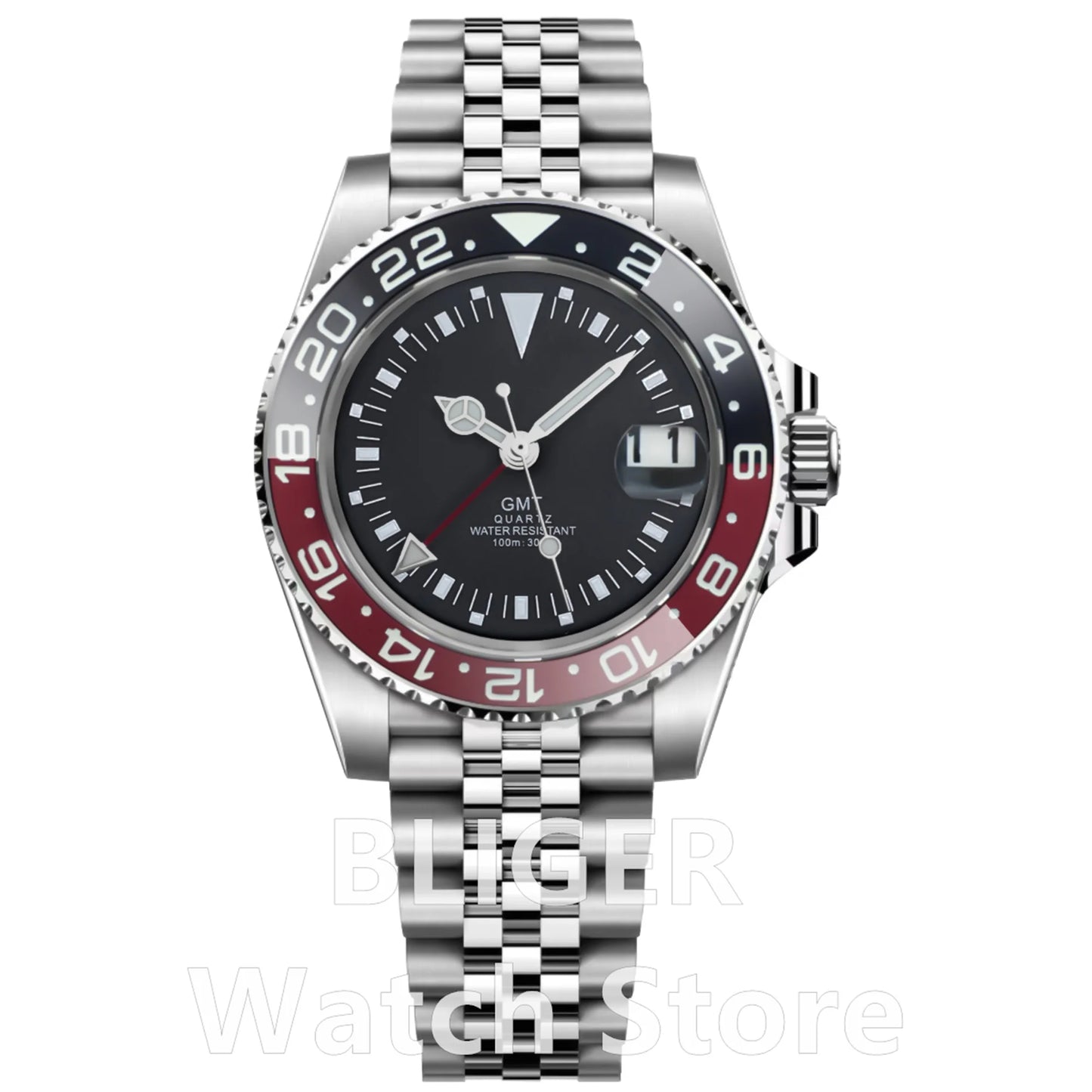 BLIGER 40mm 515 24H GMT Men's Watch Stainless Steel Clasp Luminous Quartz Movement Ceramic Bezel Sapphire Glass 10Bar Waterproof