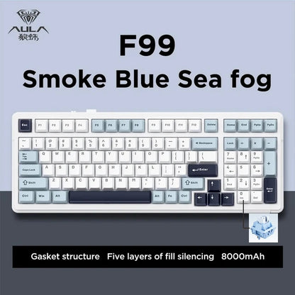 Teclado mecánico gaming Aula F99 de 99 teclas, tres modos: 2.4g inalámbrico, Bluetooth y cableado, hot swap, PBT, gasket y RGB para juegos y escritura