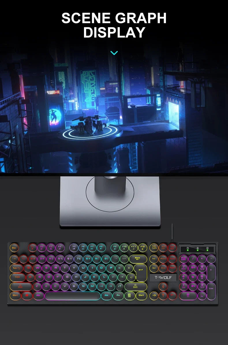 T80 Gaming Mechanical Feel Keyboard Wired 104 Keys Keyboard USB Retro Punk Game Office Suspended Keycap Cool RGB Lighting Effect