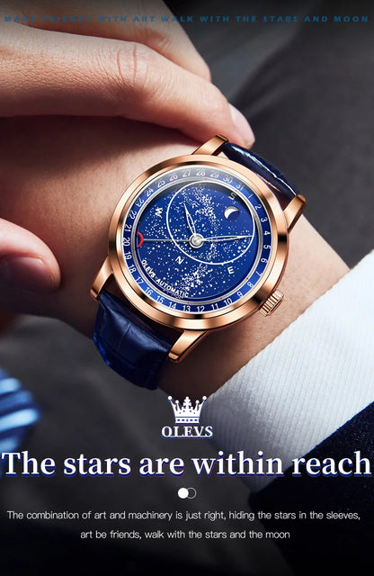 OLEVS 9923 Men's Watches Moon Phase Automatic Mechanical Watch for Man Blue Leather Luxury Dress Waterproof Luminous Wristwatch