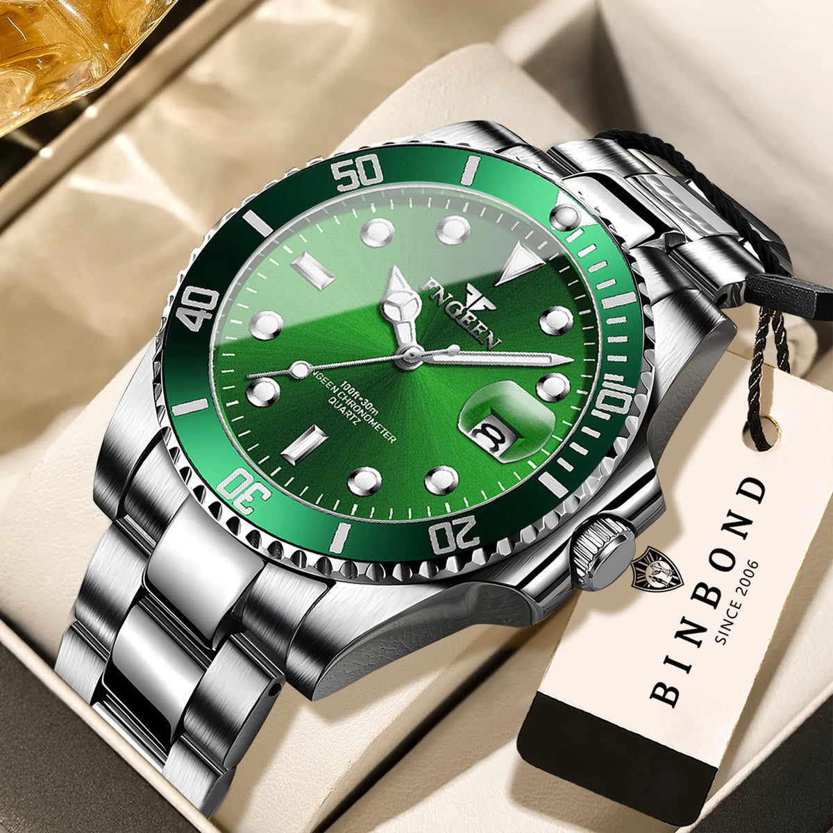 Relógio de pulso de quartzo FNGEEN Son Brand da BINBOND com bracelete em aço inoxidável para homem, luminoso e estanque, de luxo.