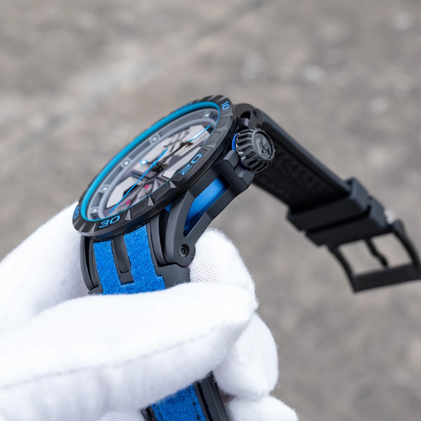 OBLVLO Mens Luxury Machinery Skeleton Mechanical Automatic Watches Analog Big Dial Blue Rubber Band Military Watch RD-909