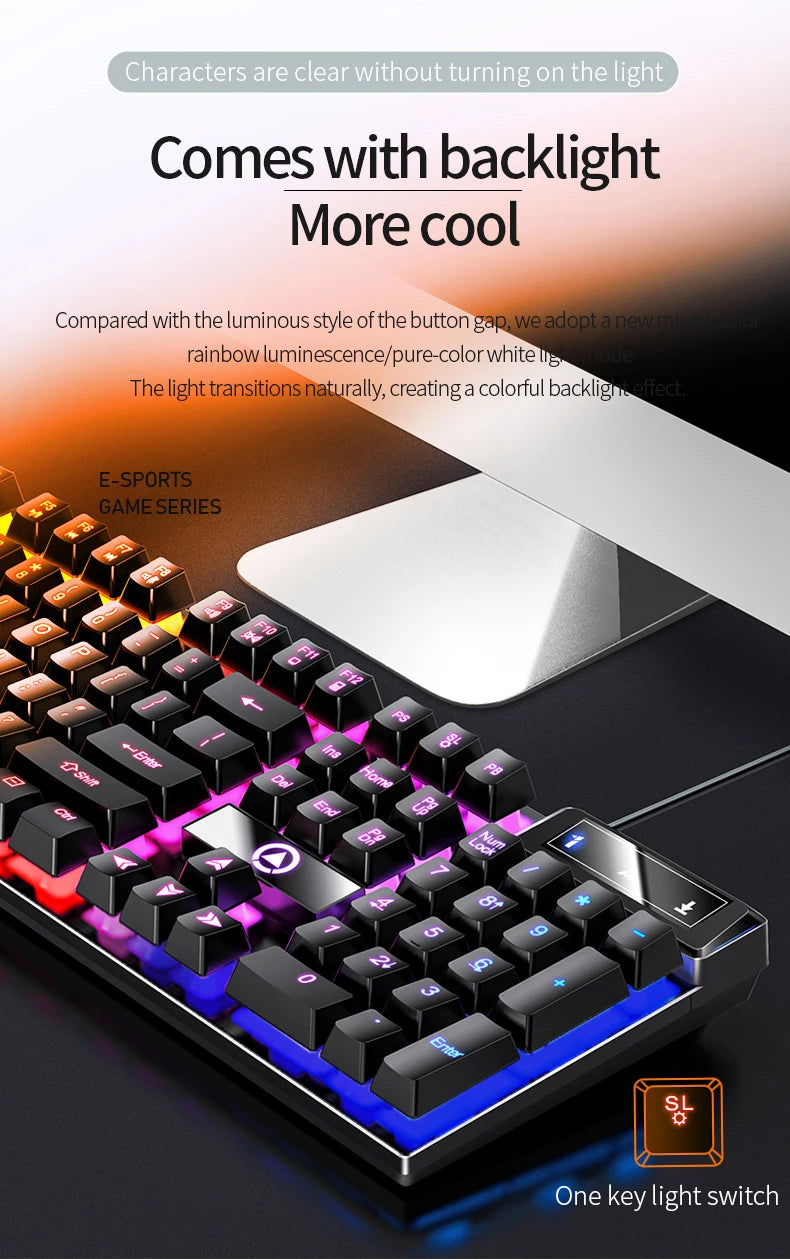 Teclado gaming USB con cable y retroiluminación, teclado gamer de 104 teclas para ordenador/portátil/PC, diseño ergonómico, accesorio gaming para oficina