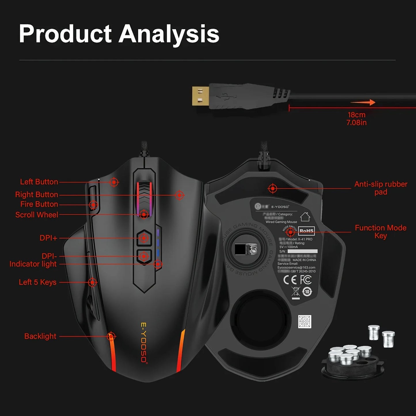 Ratón con cable E-YOOSO X-41PRO, ratón gaming grande con retroiluminación RGB, 11 botones laterales programables, compatible con ordenador, PC, portátil y Mac