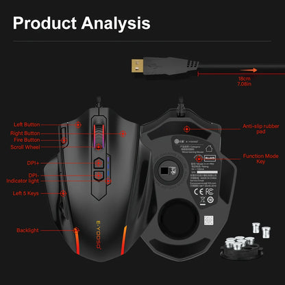 Ratón con cable E-YOOSO X-41PRO, ratón gaming grande con retroiluminación RGB, 11 botones laterales programables, compatible con ordenador, PC, portátil y Mac